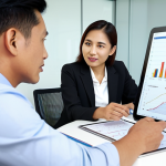 A professional male financial consultant in a modest business suit, seated at a sleek modern desk, calmly explaining complex investment charts displayed on a tablet to a Malaysian couple. The couple, dressed in appropriate business casual attire, are listening attentively, conveying trust and understanding. The office environment is contemporary and well-lit, with soft, natural lighting. The scene emphasizes clear communication and absolute transparency in financial advising, building strong long-term relationships. safe for work, appropriate content, fully clothed, professional, family-friendly, perfect anatomy, correct proportions, natural pose, well-formed hands, proper finger count, natural body proportions, professional photography, high quality, realistic.