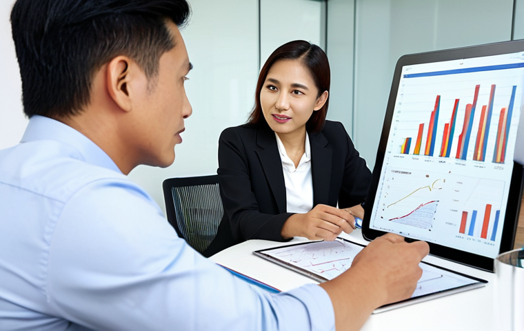 A professional male financial consultant in a modest business suit, seated at a sleek modern desk, calmly explaining complex investment charts displayed on a tablet to a Malaysian couple. The couple, dressed in appropriate business casual attire, are listening attentively, conveying trust and understanding. The office environment is contemporary and well-lit, with soft, natural lighting. The scene emphasizes clear communication and absolute transparency in financial advising, building strong long-term relationships. safe for work, appropriate content, fully clothed, professional, family-friendly, perfect anatomy, correct proportions, natural pose, well-formed hands, proper finger count, natural body proportions, professional photography, high quality, realistic.