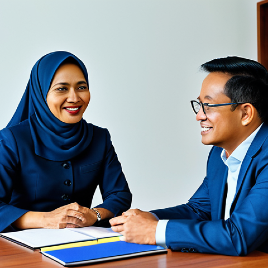 펀드투자상담사와 투자 성공 사례 연구 - "A friendly financial consultant in a modest office outfit, advising Puan Aminah, a fully clothed Ma...