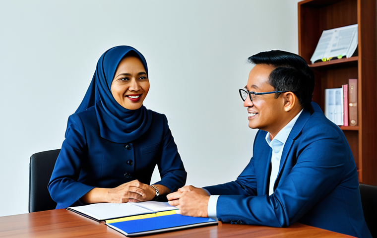 펀드투자상담사와 투자 성공 사례 연구 - "A friendly financial consultant in a modest office outfit, advising Puan Aminah, a fully clothed Ma...