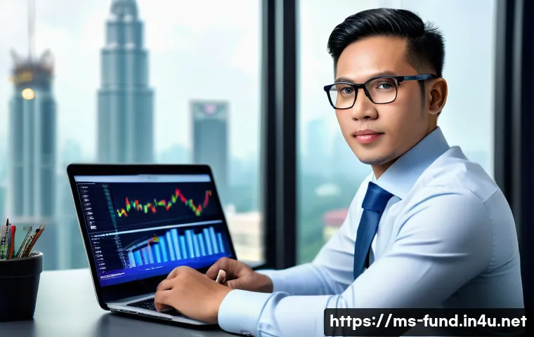 펀드투자상담사 연봉협상 전략 - A confident Malaysian male investment consultant in formal business attire, sitting at a modern offi...