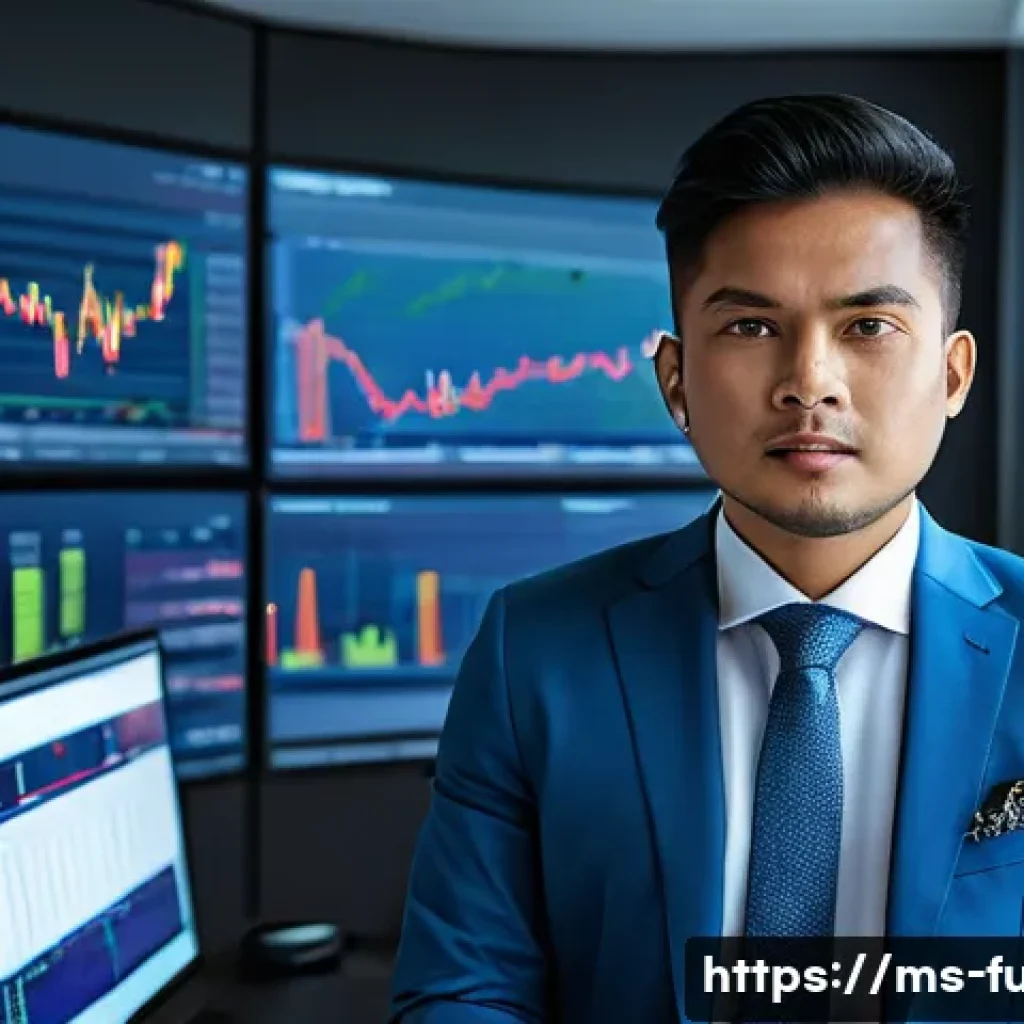 펀드투자상담사로서 금융 리더십 키우는 법 - A professional Malaysian financial advisor in a modern office setting, attentively analyzing real-ti...