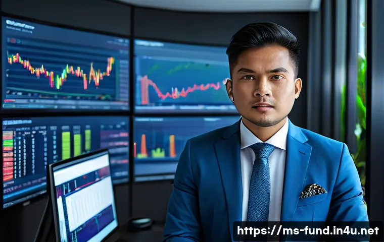 펀드투자상담사로서 금융 리더십 키우는 법 - A professional Malaysian financial advisor in a modern office setting, attentively analyzing real-ti...