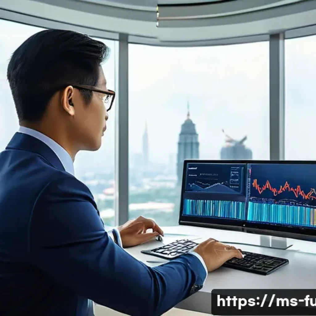 펀드투자상담사로서 업무 자동화 활용 - A modern investment consultant's office in Kuala Lumpur, featuring a sleek digital dashboard display...