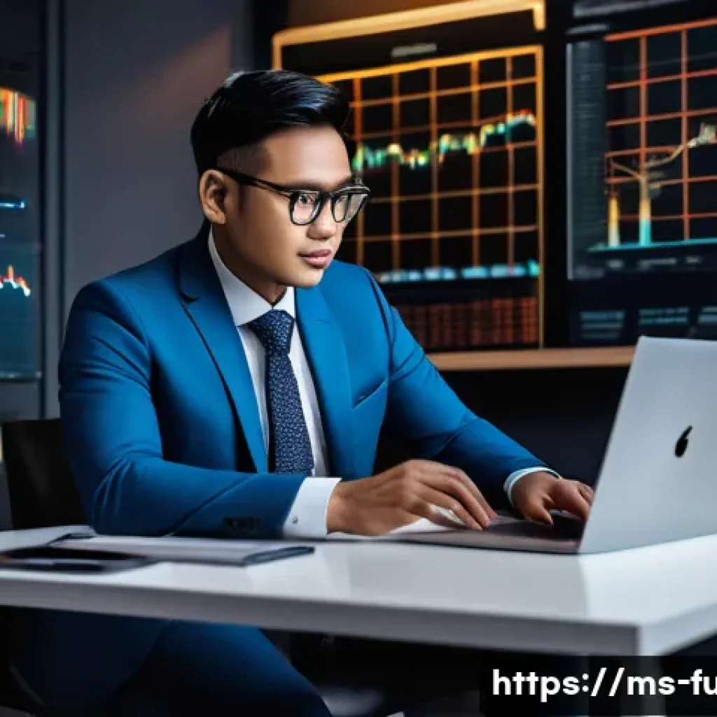 펀드투자상담사와 관련된 금융 기술 트렌드 - A modern Malaysian financial advisor using artificial intelligence tools on a sleek laptop, surround...