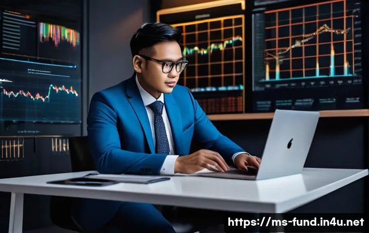 펀드투자상담사와 관련된 금융 기술 트렌드 - A modern Malaysian financial advisor using artificial intelligence tools on a sleek laptop, surround...