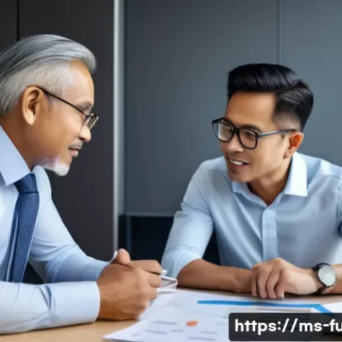 Home 30 펀드투자상담사와 투자 상품의 이점 - A professional Malaysian investment advisor sitting at a modern office desk, attentively explaining ...