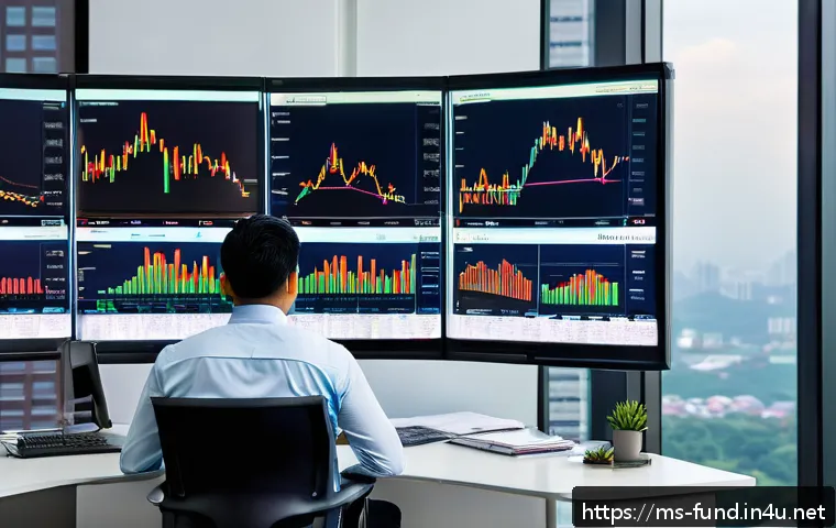 펀드투자상담사 관련 금융 시장 연구 - A modern Malaysian investor sitting at a sleek desk in a high-rise office overlooking Kuala Lumpur s...