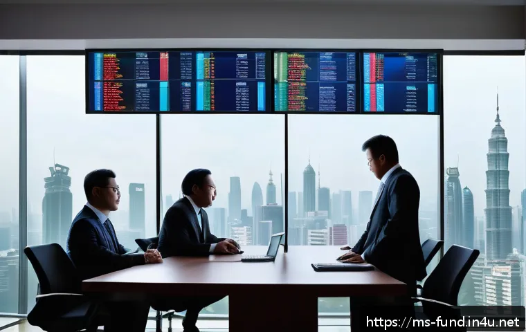 펀드투자상담사 이직 시 유리한 기업 - A modern Malaysian investment office scene with diverse financial advisors analyzing real-time stock...