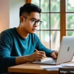 Home 23 펀드투자상담사 시험 준비 시 흔한 실수 - A focused young Malaysian adult studying at a wooden desk in a cozy room with natural morning light ...
