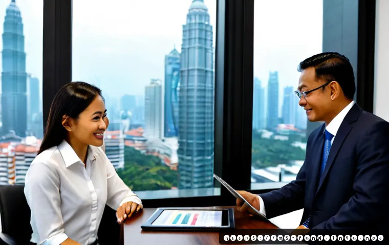 펀드투자상담사 자격증으로 가능한 직무 - Photorealistic Malaysian financial adviser in modest professional attire meeting a middle-aged coupl...
