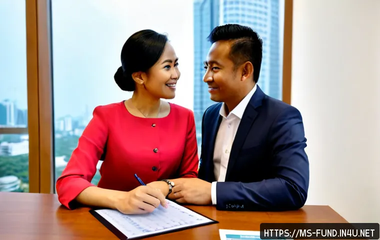 Home 17 펀드투자상담사로 일하며 배우는 금융 지식 - Photorealistic Malaysian financial adviser in modest professional attire guiding a middle-aged clien...