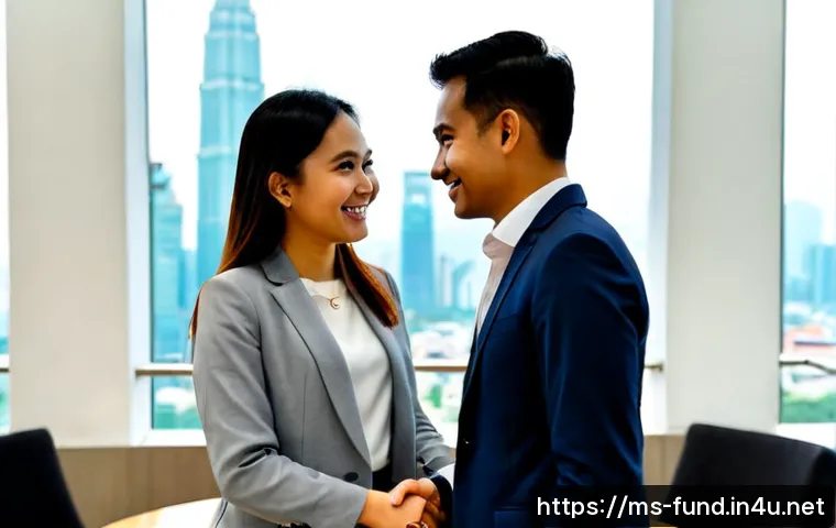 Home 17 펀드투자상담사 관련 네트워킹 팁 - Photorealistic networking event in a modern Kuala Lumpur coworking lounge, a friendly Malaysian fund...